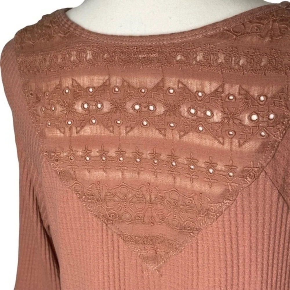 Free People Top Blush Pink Sayluita Boho Eyelet Bell Sleeve Thermal V Neck Small